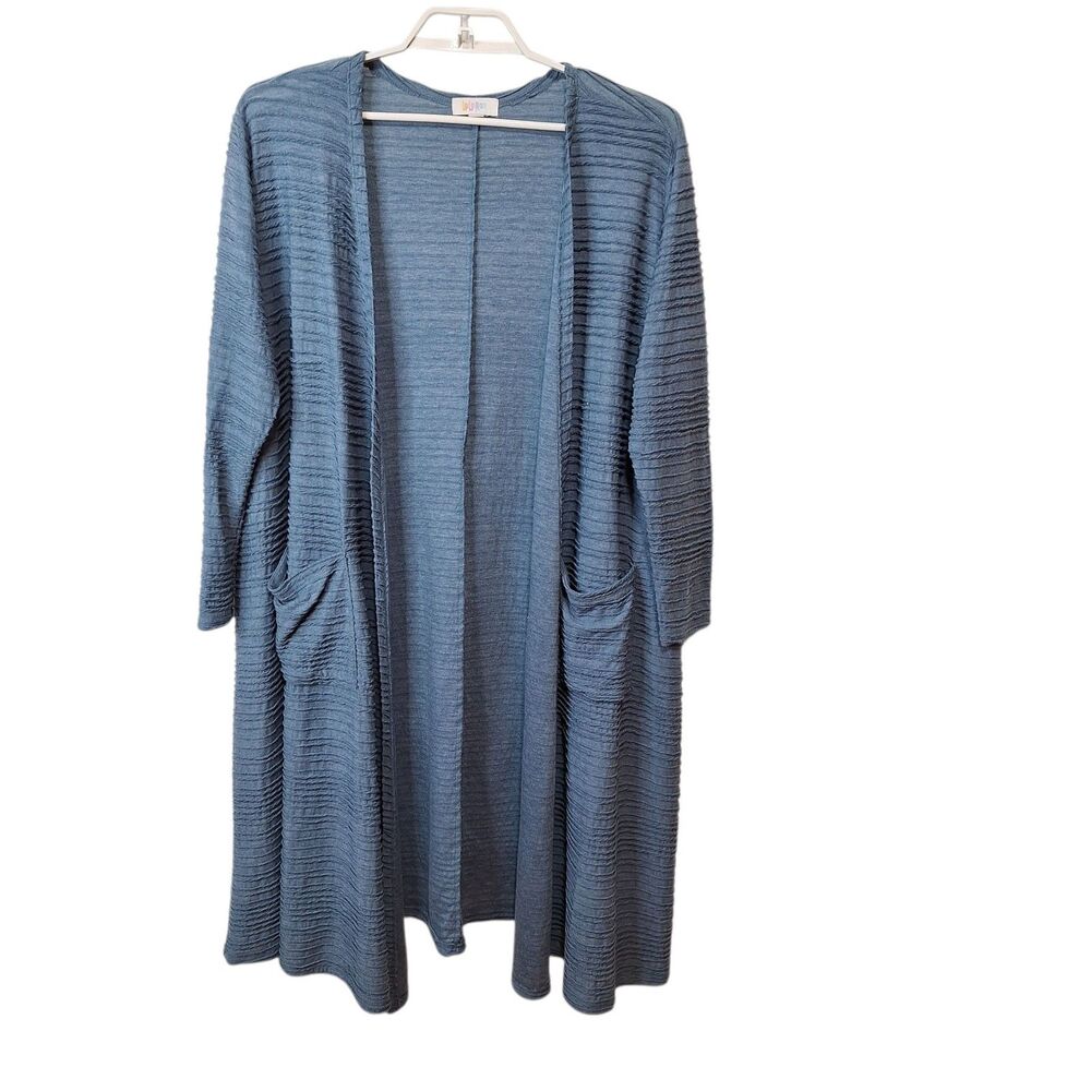 LuLaRoe Open Front Long Cardigan Duster Womens XL Blue Textured Pockets Comfort